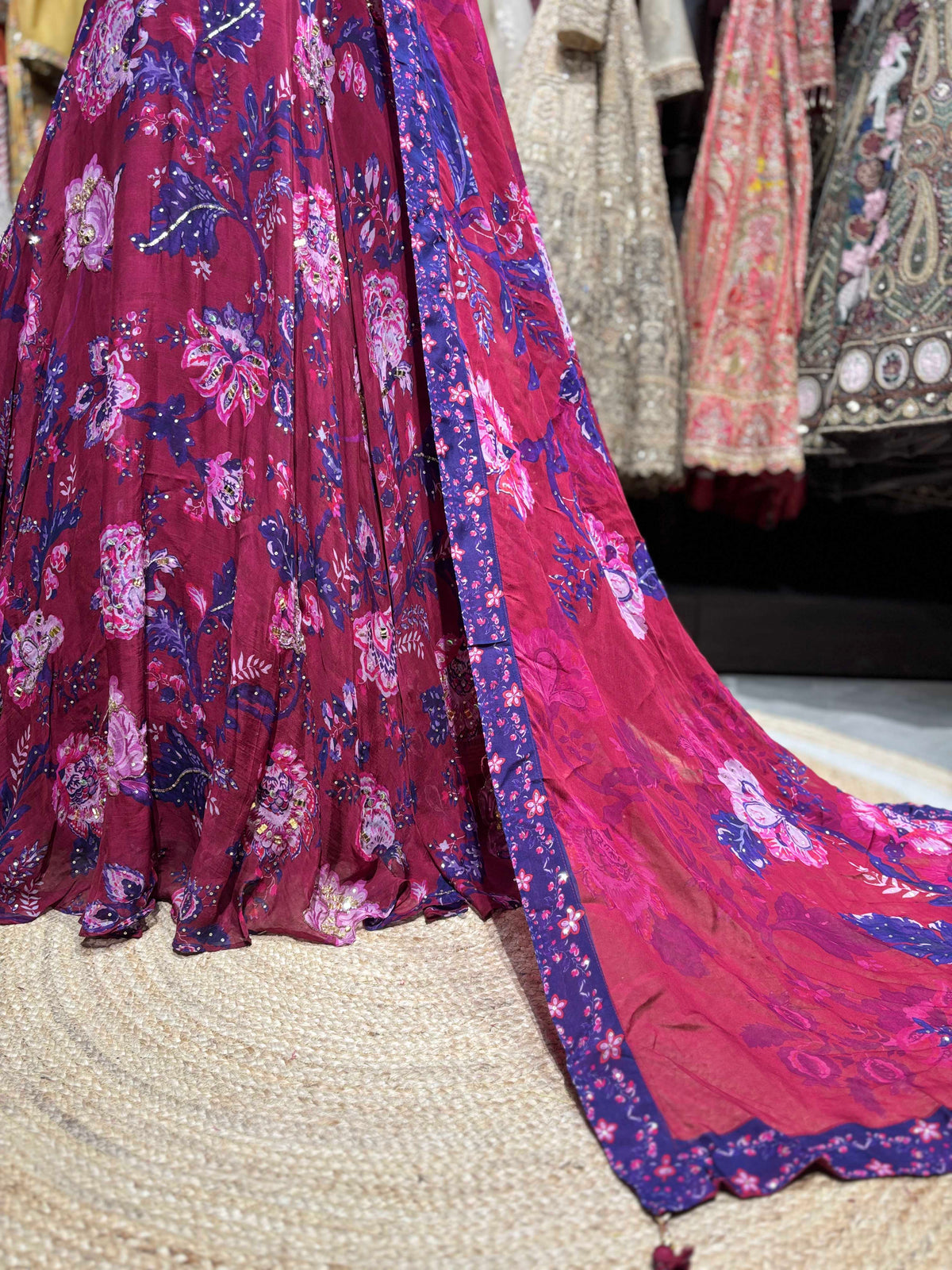 Wine Pink Floral Printed & Embellished Lehenga Set