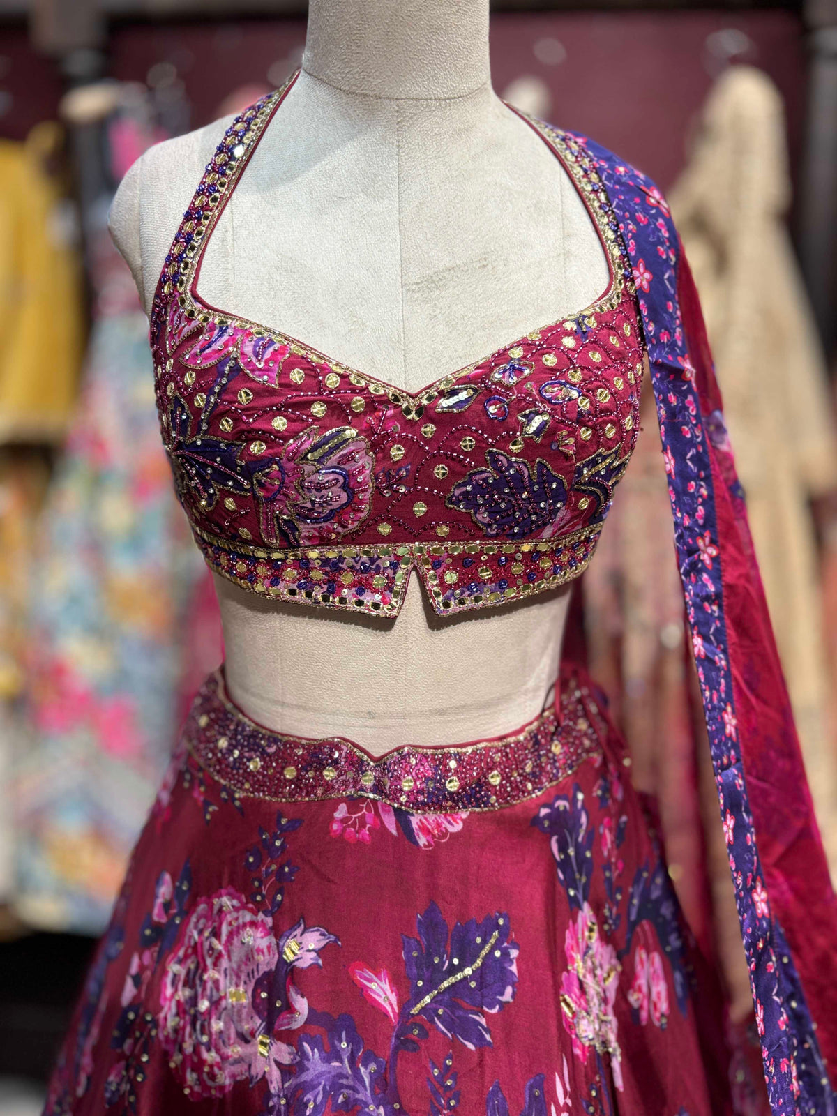 Wine Pink Floral Printed & Embellished Lehenga Set