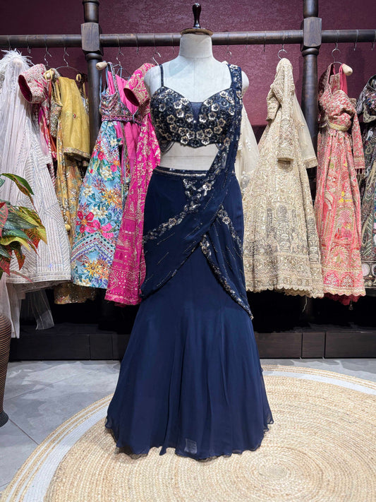 Navy Blue Sequin Draped Lehenga Set With Designer Blouse