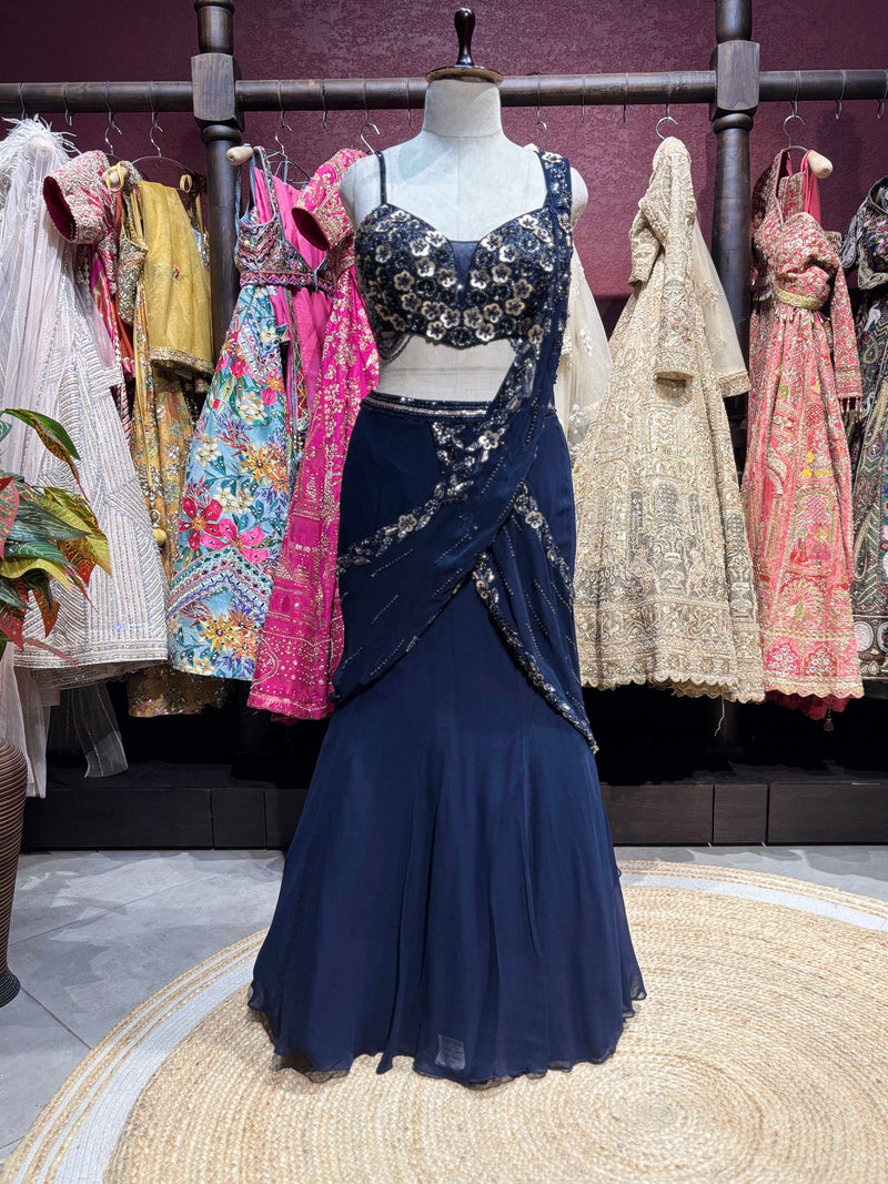 Navy Blue Sequin Draped Lehenga Set With Designer Blouse