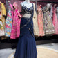 Navy Blue Sequin Draped Lehenga Set With Designer Blouse