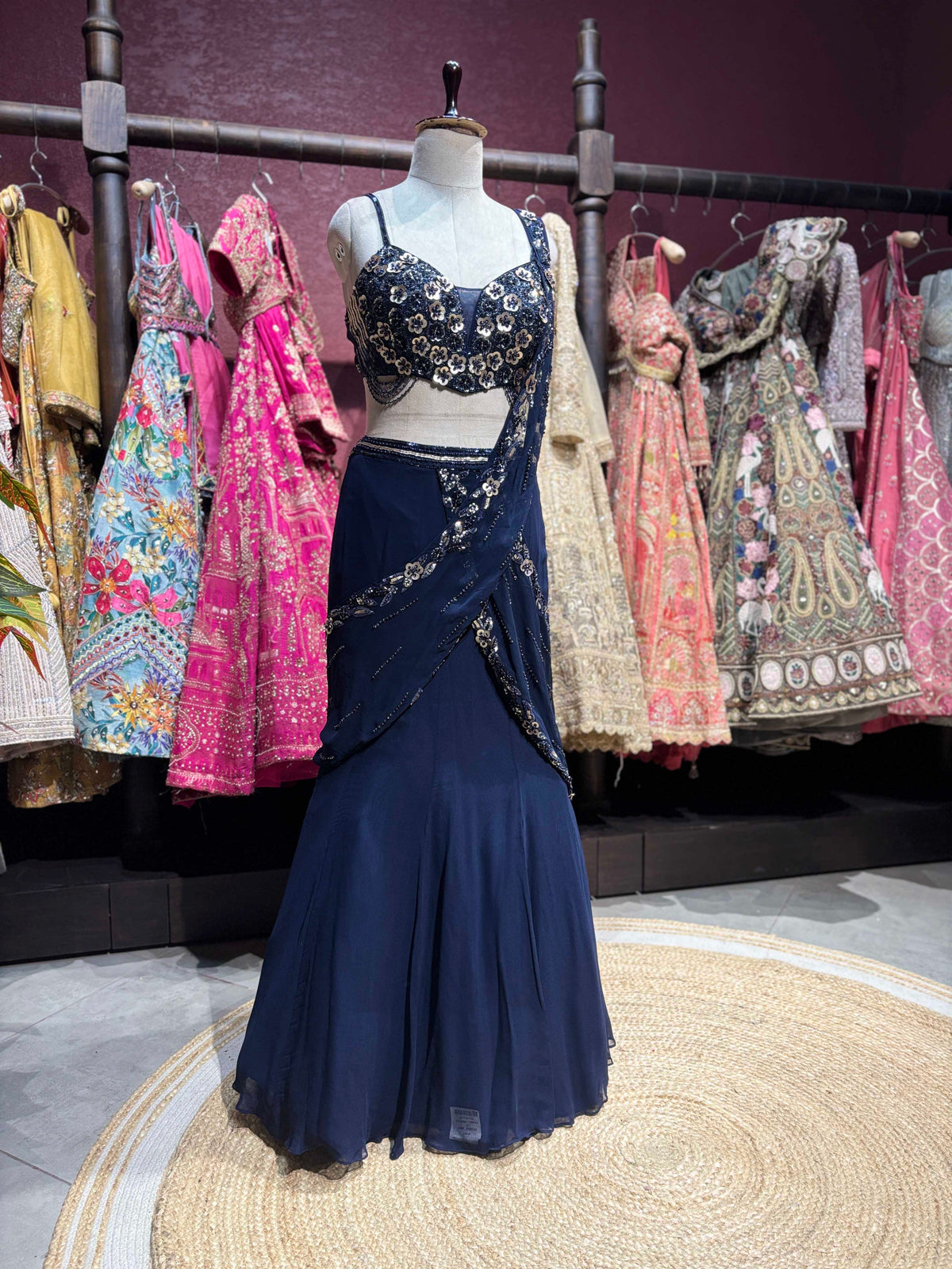 Navy Blue Sequin Draped Lehenga Set With Designer Blouse
