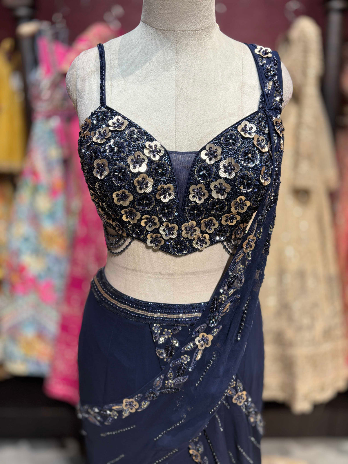 Navy Blue Sequin Draped Lehenga Set With Designer Blouse