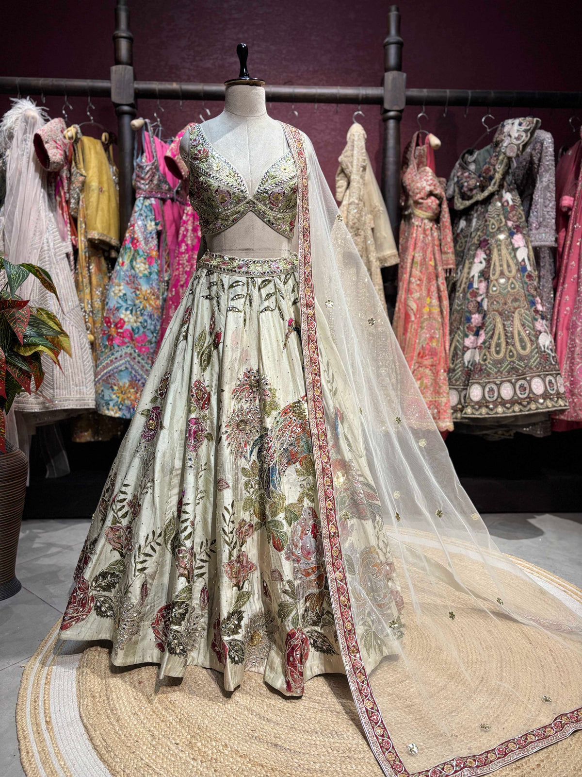 Ivory Botanical Embroidered Designer Lehenga Set With Designer Blouse
