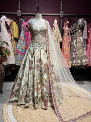 Ivory Botanical Embroidered Designer Lehenga Set With Designer Blouse
