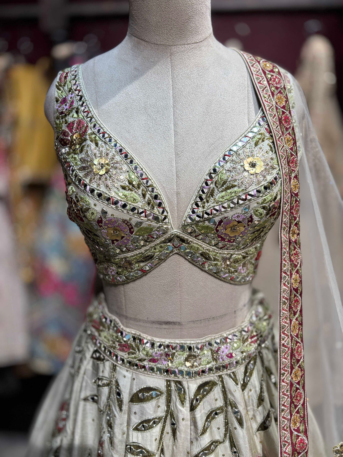 Ivory Botanical Embroidered Designer Lehenga Set With Designer Blouse