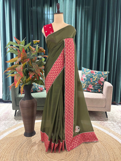 Olive Green Saree with Red Printed Border Design