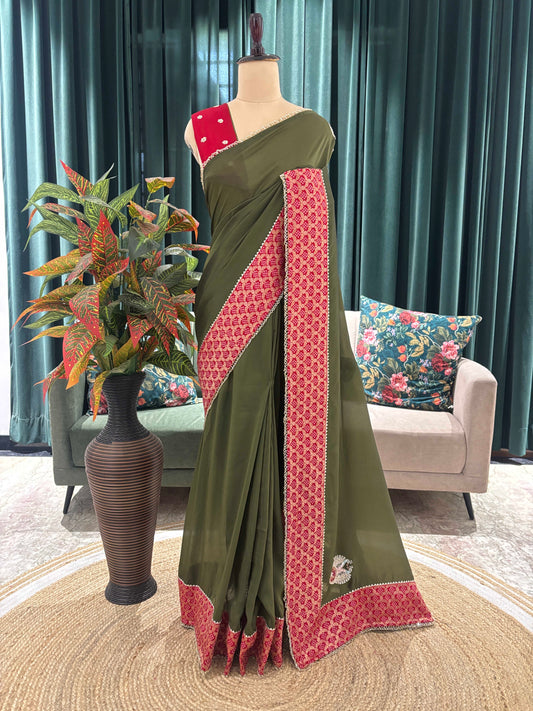 Olive Green Saree with Red Printed Border Design