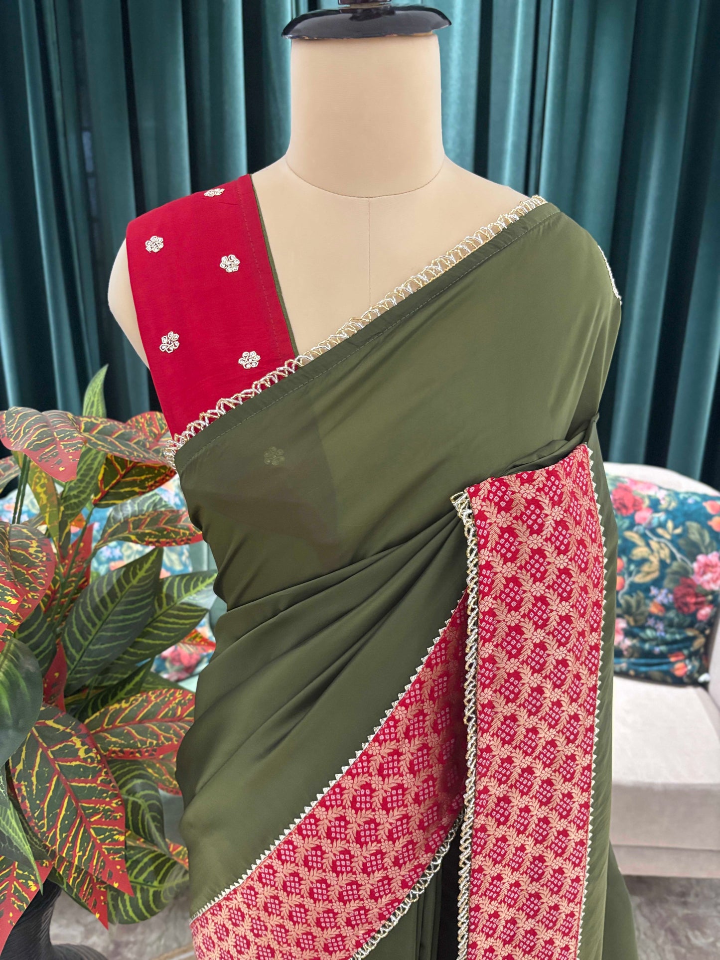 Olive Green Saree with Red Printed Border Design