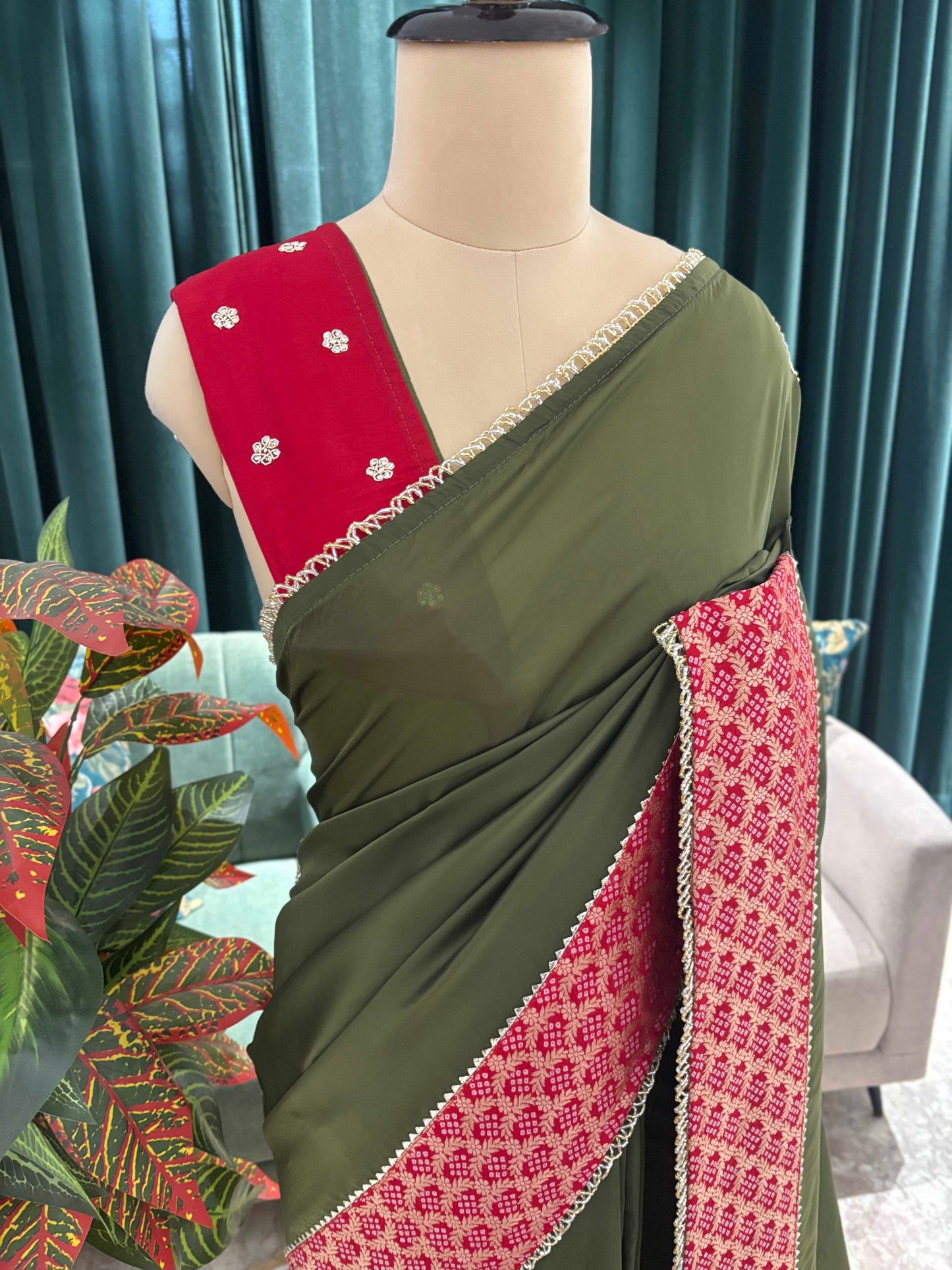 Olive Green Saree with Red Printed Border Design