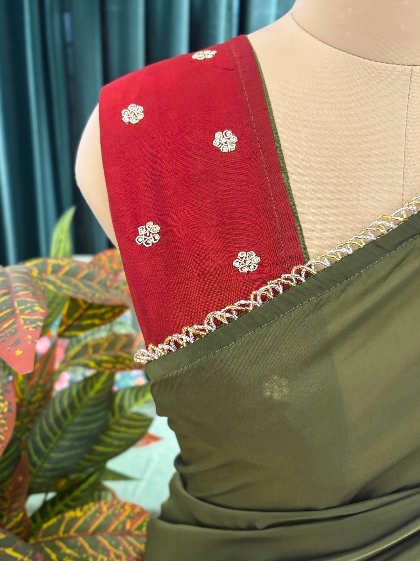 Olive Green Saree with Red Printed Border Design