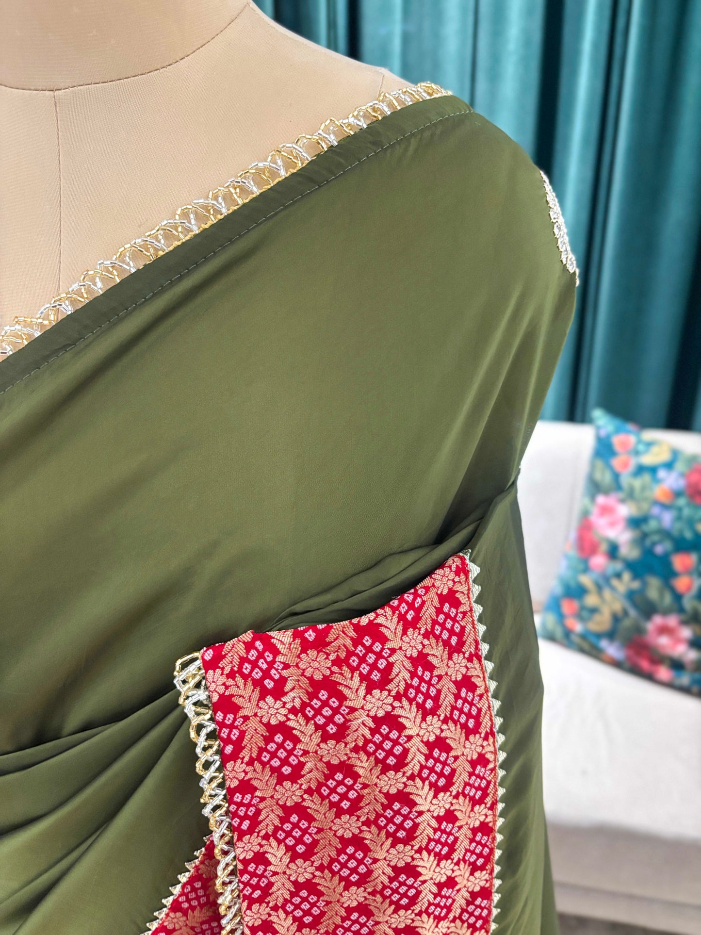 Olive Green Saree with Red Printed Border Design