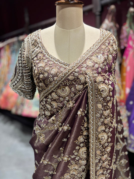 Brown Heavy Zari Embroidered Designer Saree Blouse