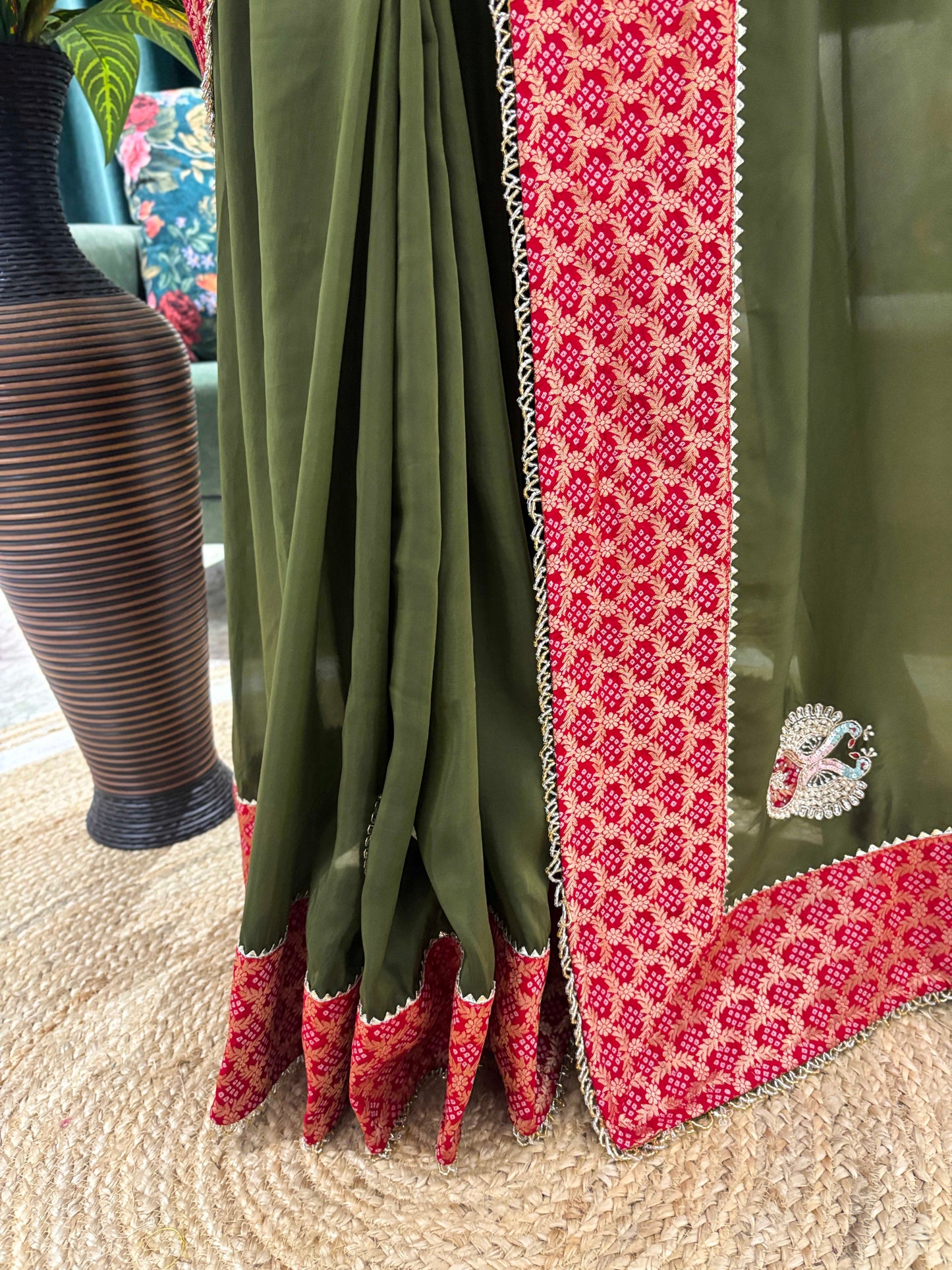 Olive Green Saree with Red Printed Border Design