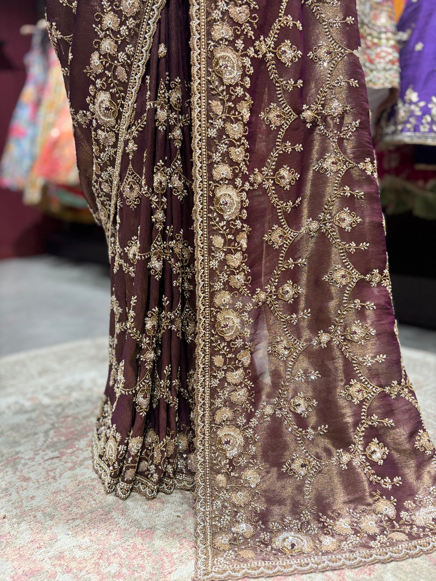 Brown Heavy Zari Embroidered Designer Saree Blouse