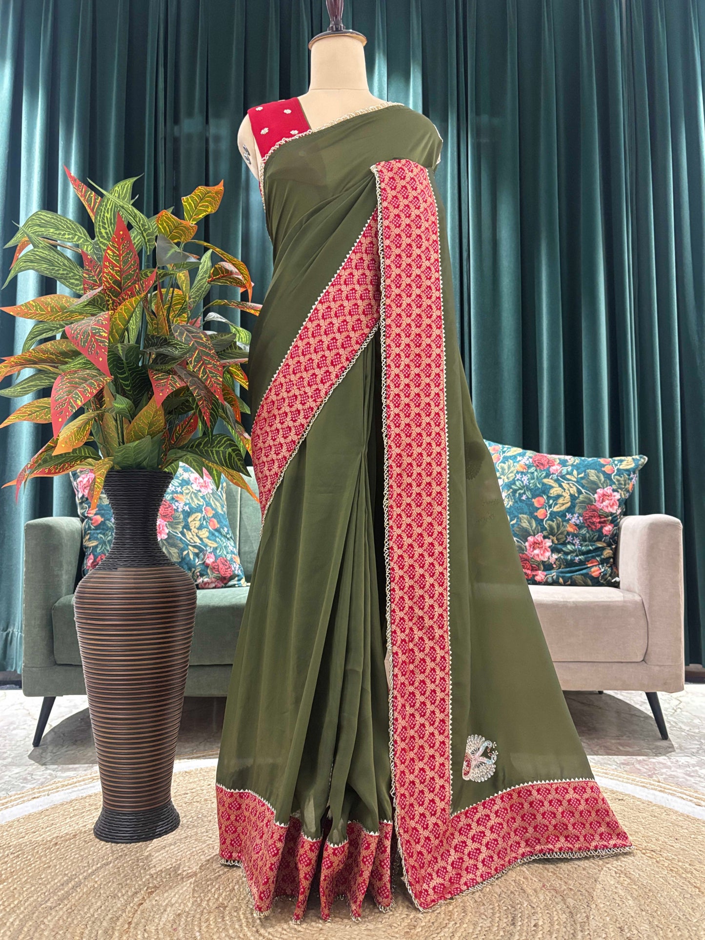 Olive Green Saree with Red Printed Border Design