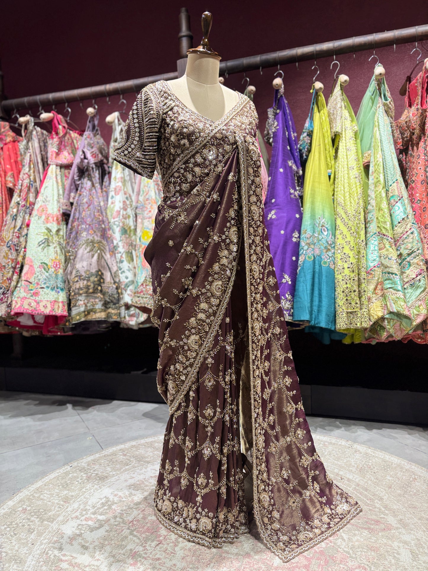 Brown Heavy Zari Embroidered Designer Saree Blouse