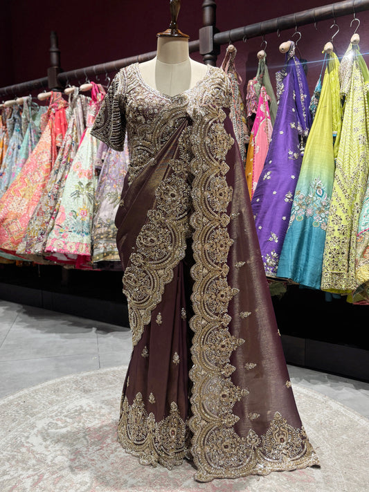 Brown Heavy Zari Embroidered Designer Saree