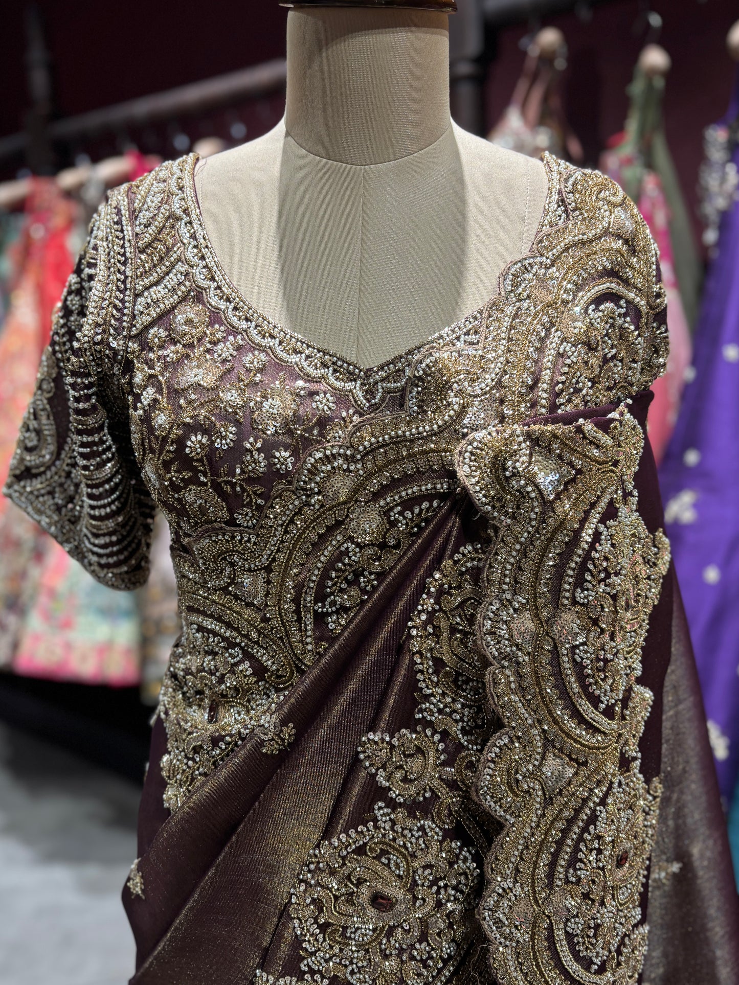 Brown Heavy Zari Embroidered Designer Saree
