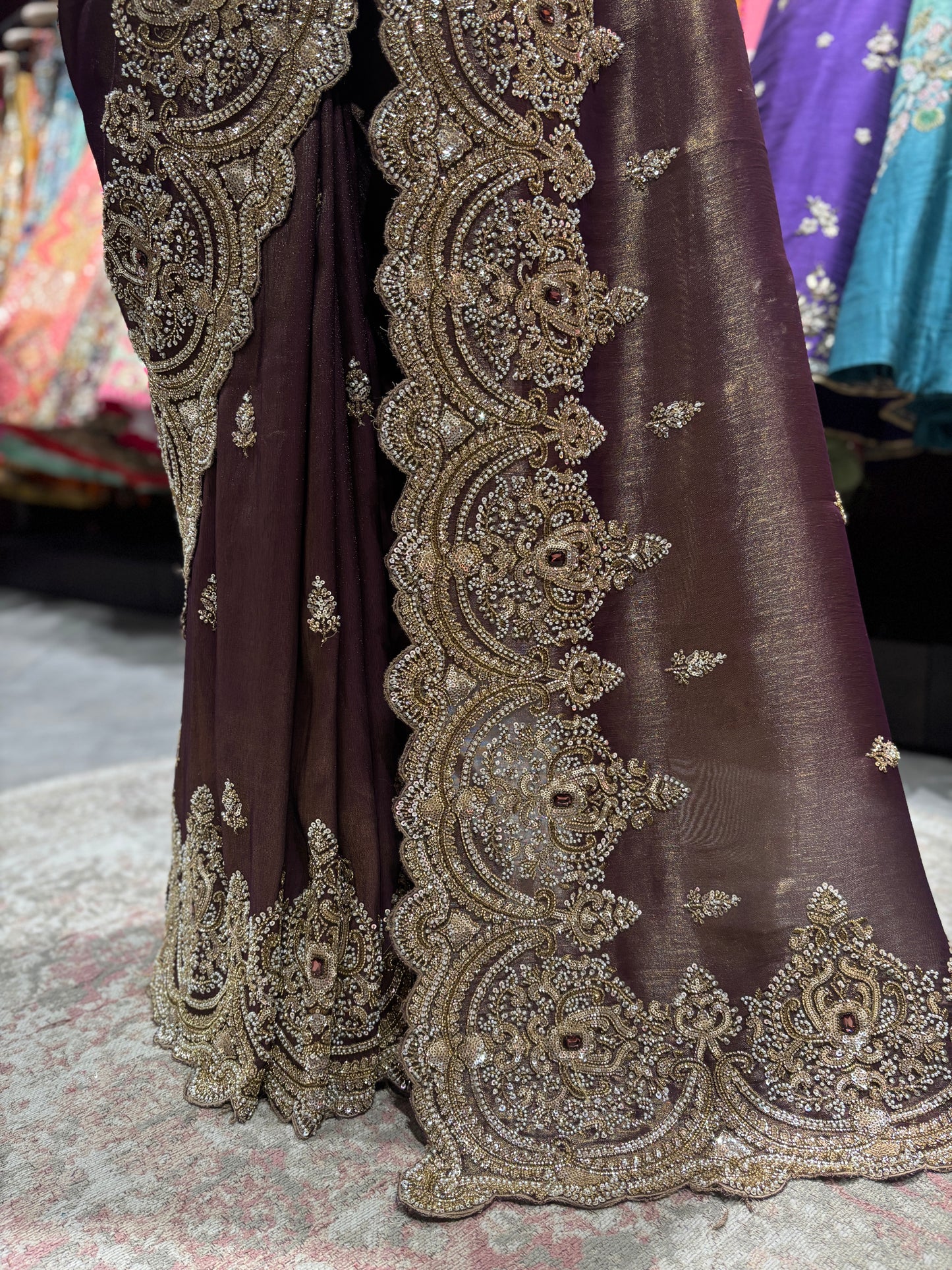 Brown Heavy Zari Embroidered Designer Saree