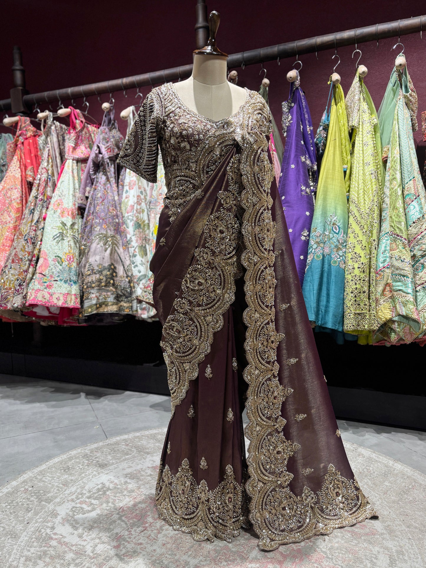 Brown Heavy Zari Embroidered Designer Saree