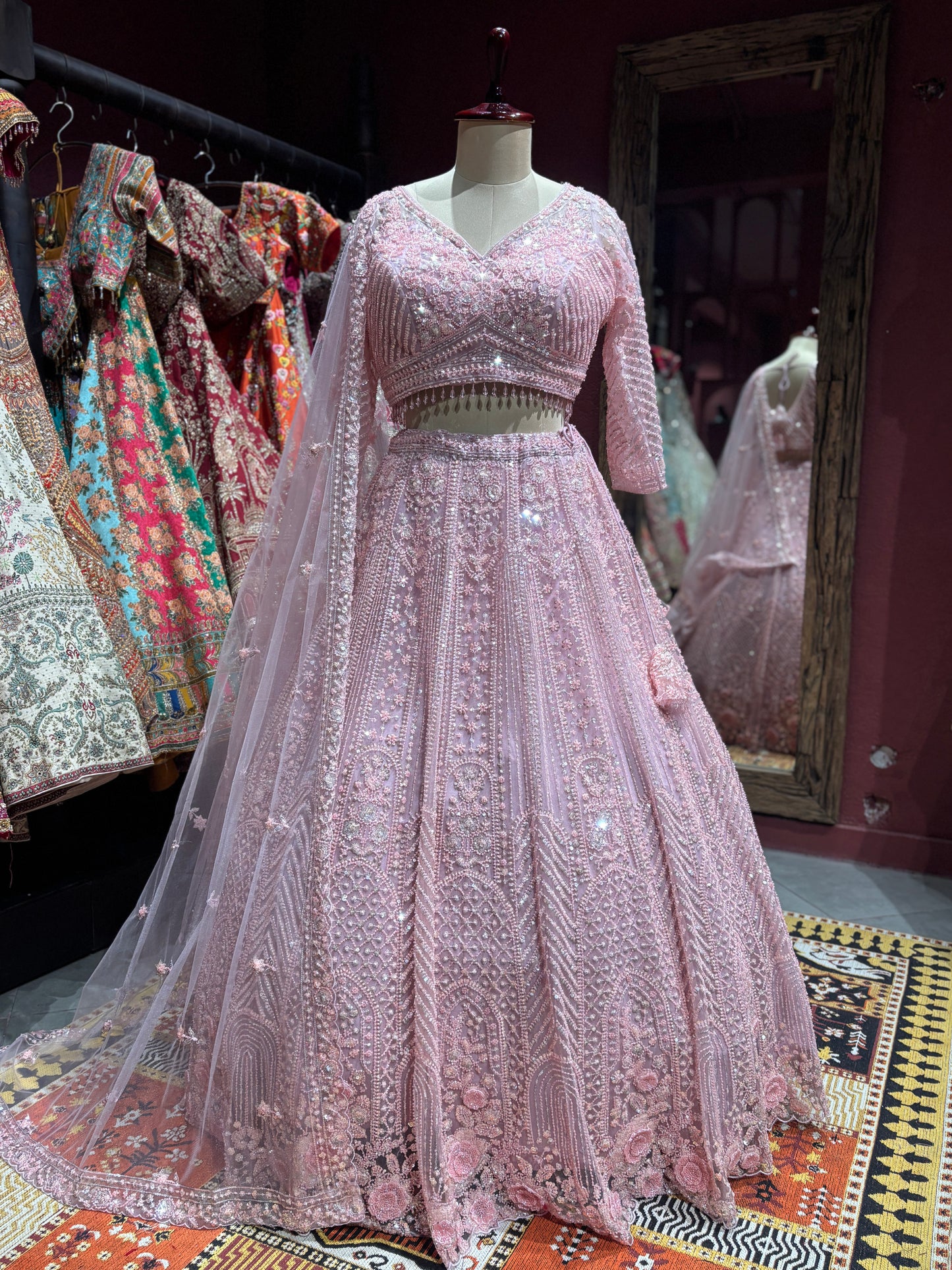 Blush Pink Embroidered Lehenga with Net Dupatta Set