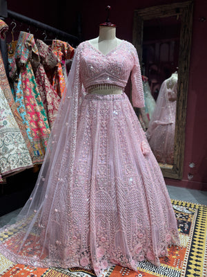 Blush Pink Embroidered Lehenga with Net Dupatta Set