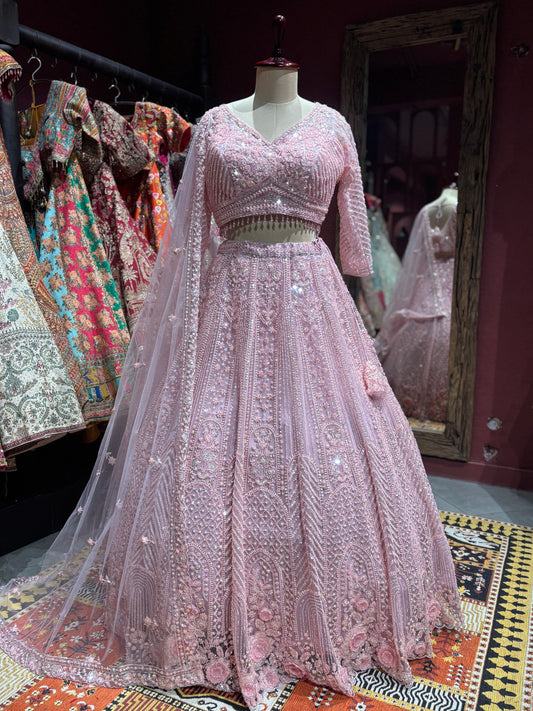 Blush Pink Embroidered Lehenga with Net Dupatta Set