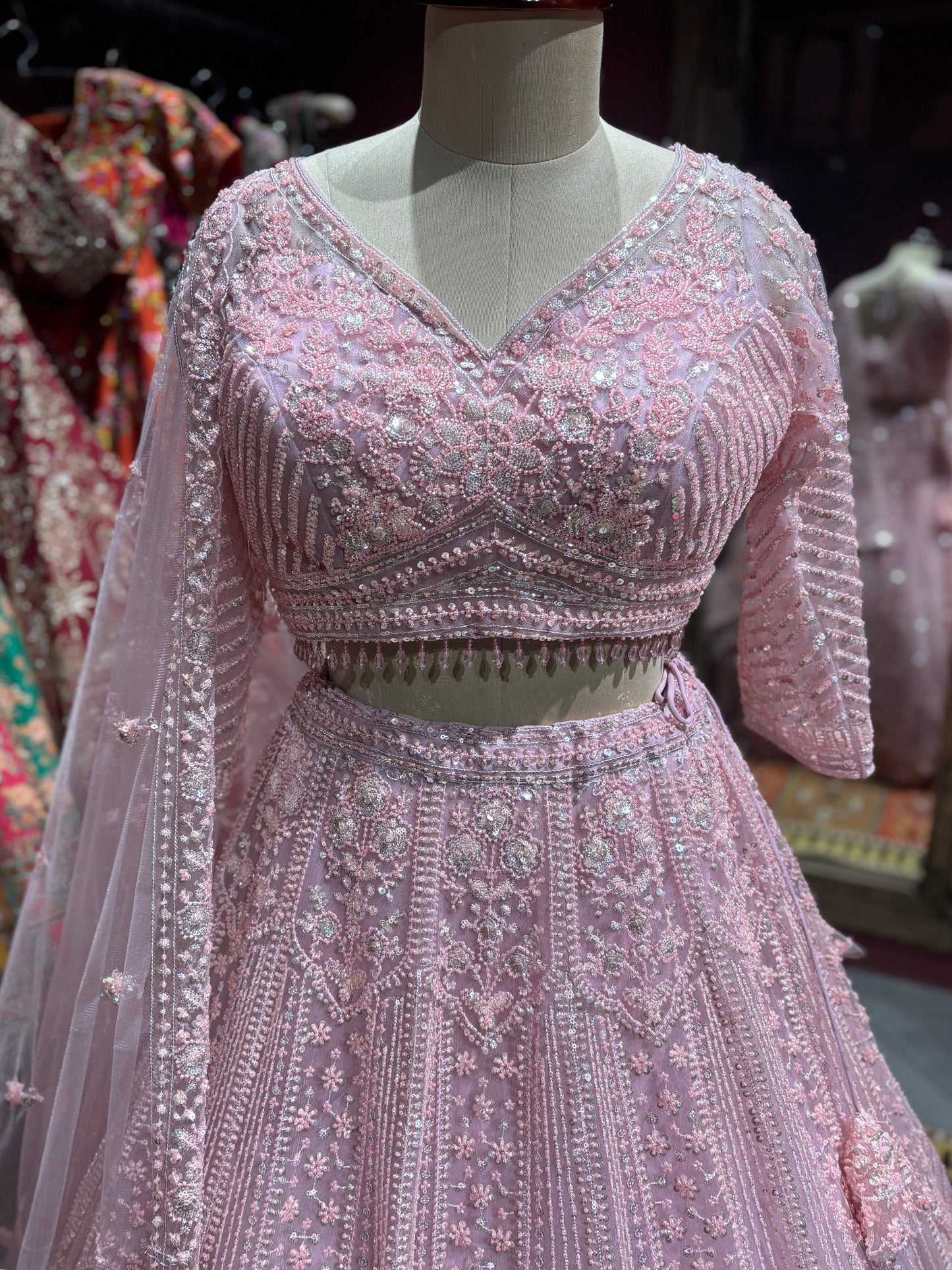 Blush Pink Embroidered Lehenga with Net Dupatta Set