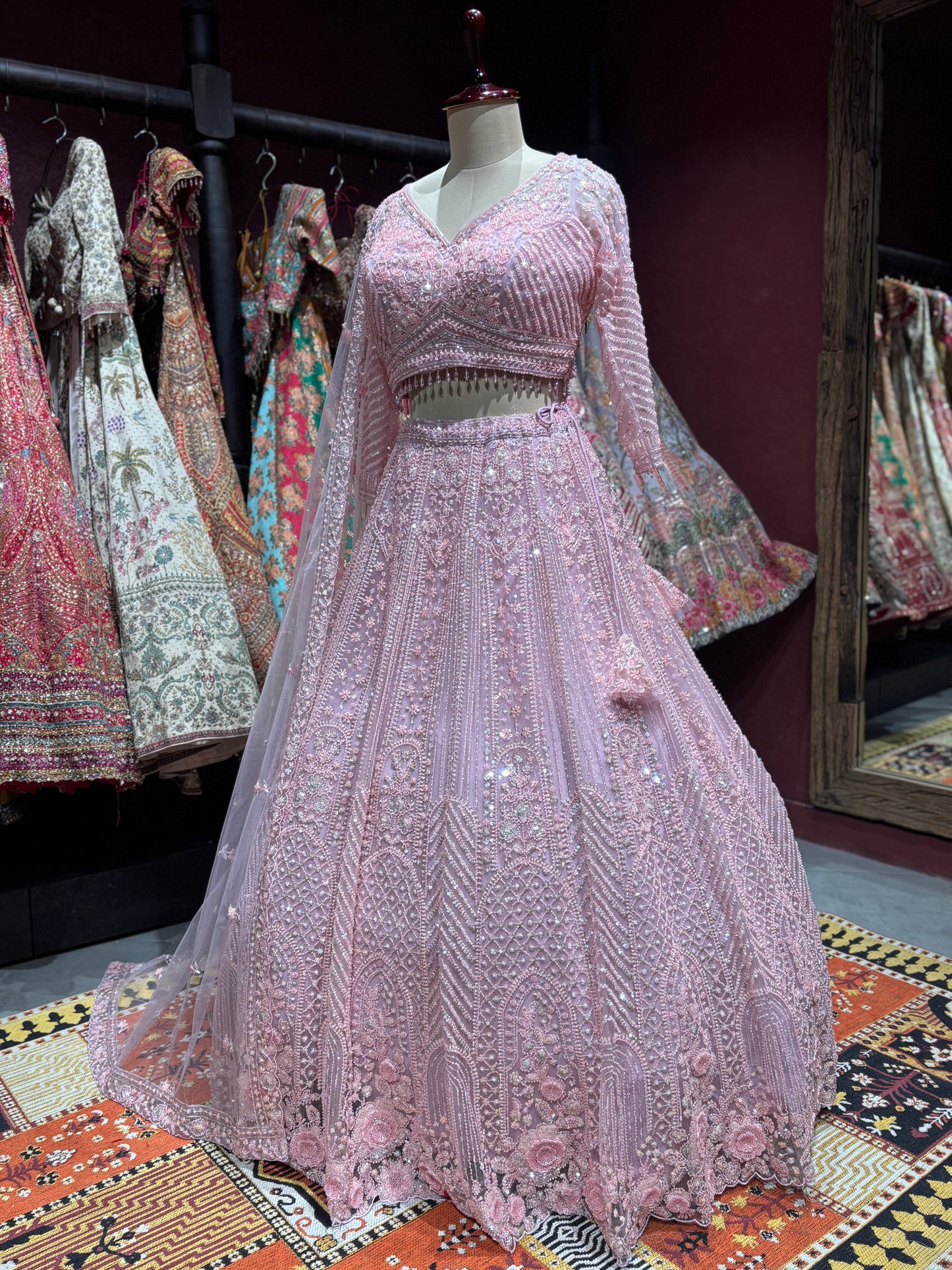 Blush Pink Embroidered Lehenga with Net Dupatta Set