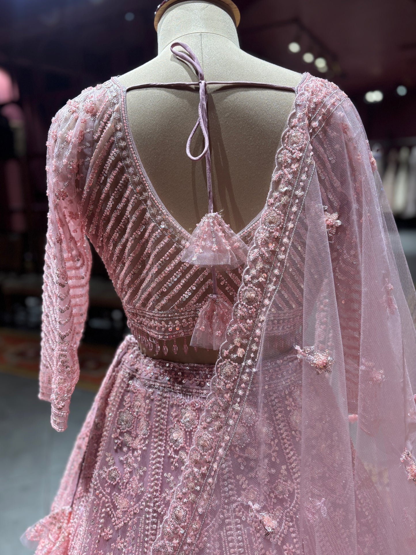 Blush Pink Embroidered Lehenga with Net Dupatta Set