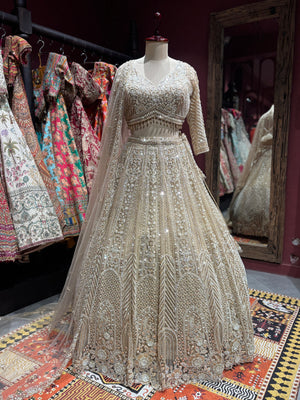Golden Embroidered Lehenga with Net Dupatta Set