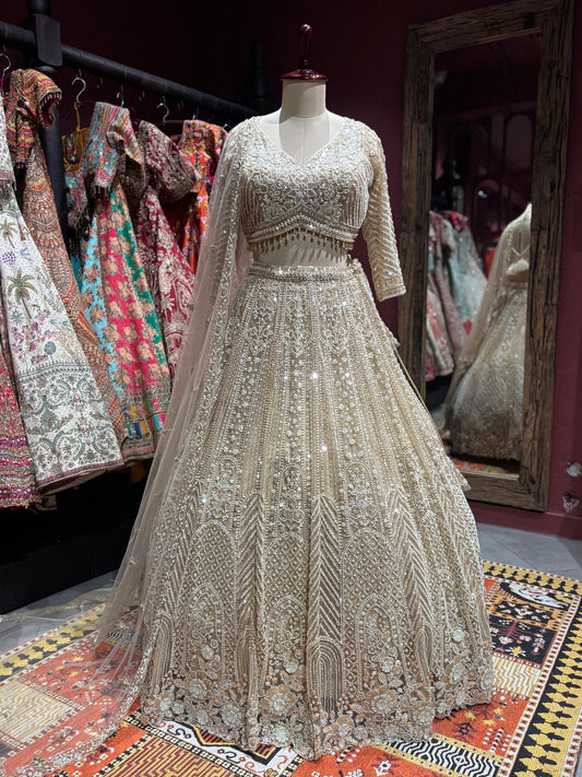 Golden Embroidered Lehenga with Net Dupatta Set