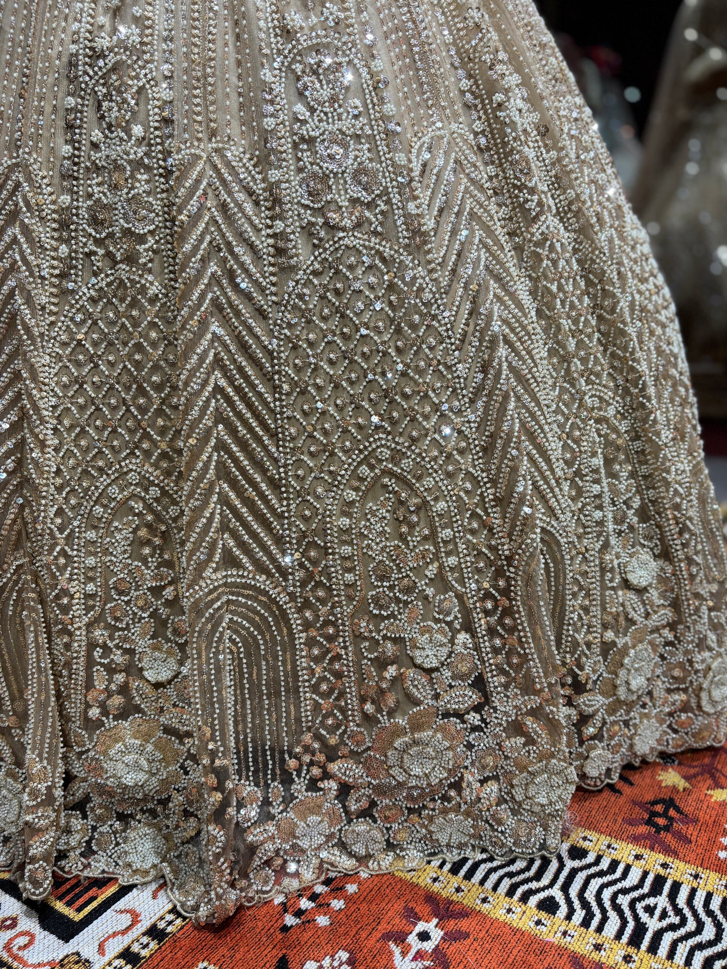 Golden Embroidered Lehenga with Net Dupatta Set