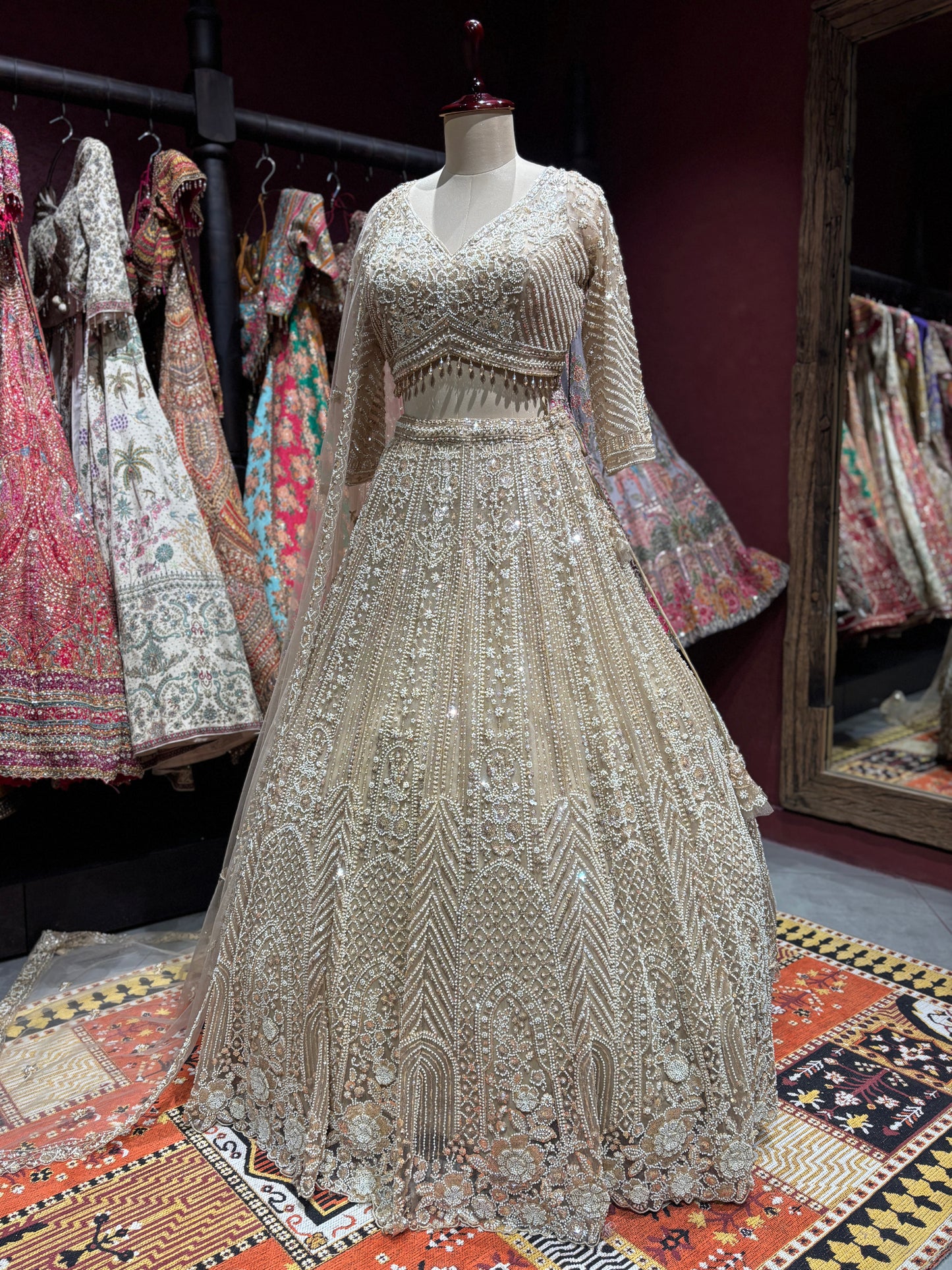 Golden Embroidered Lehenga with Net Dupatta Set