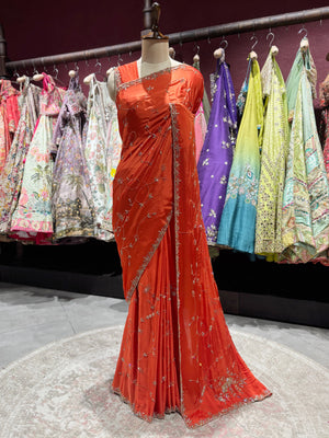 Orange Rust Sequin Embroidered Designer Festive Saree