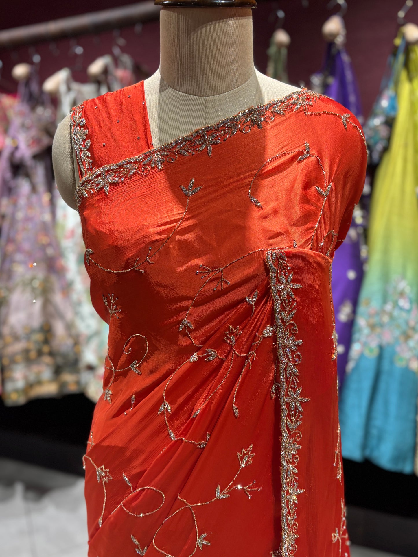 Orange Rust Sequin Embroidered Designer Festive Saree