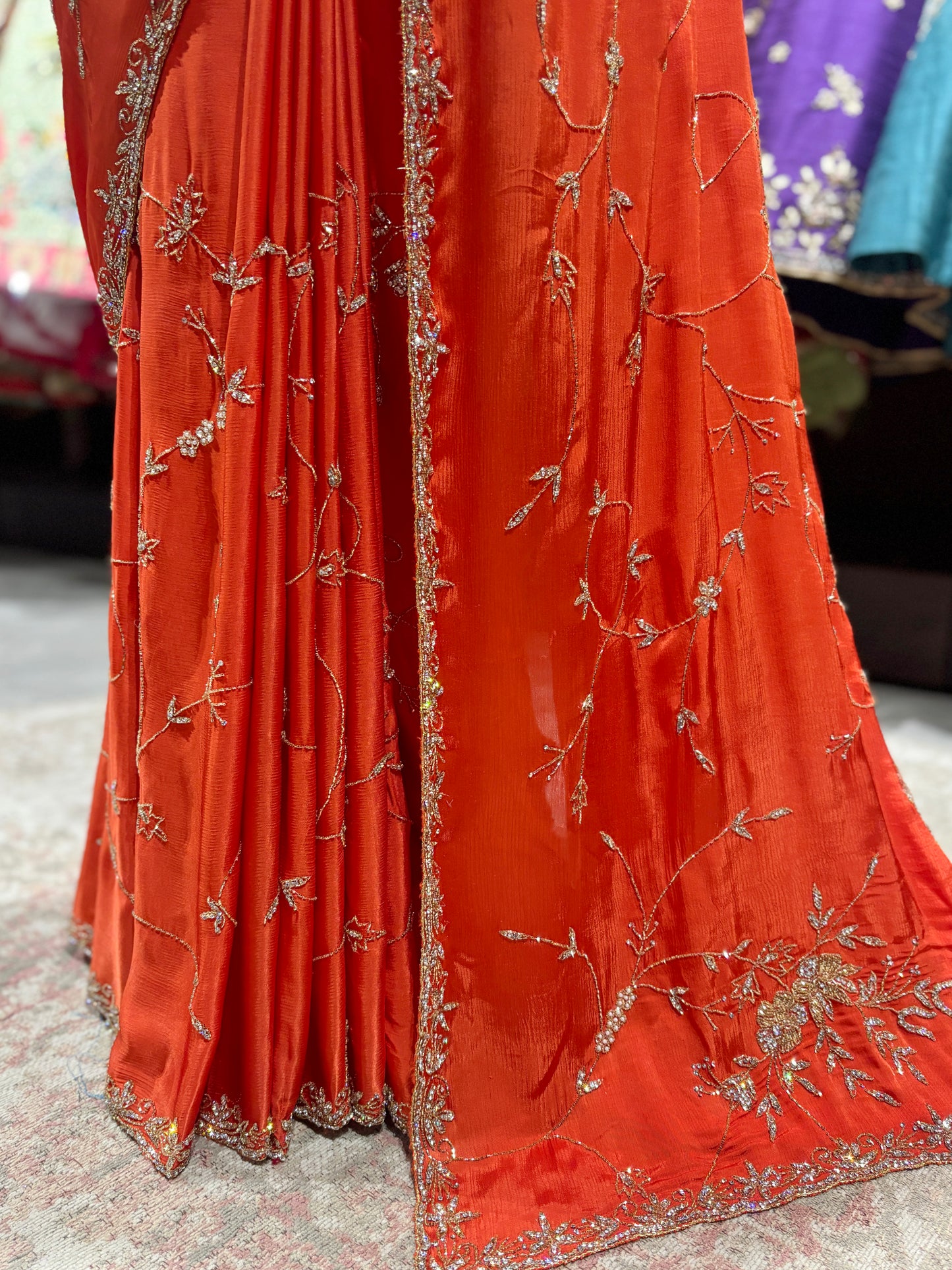 Orange Rust Sequin Embroidered Designer Festive Saree