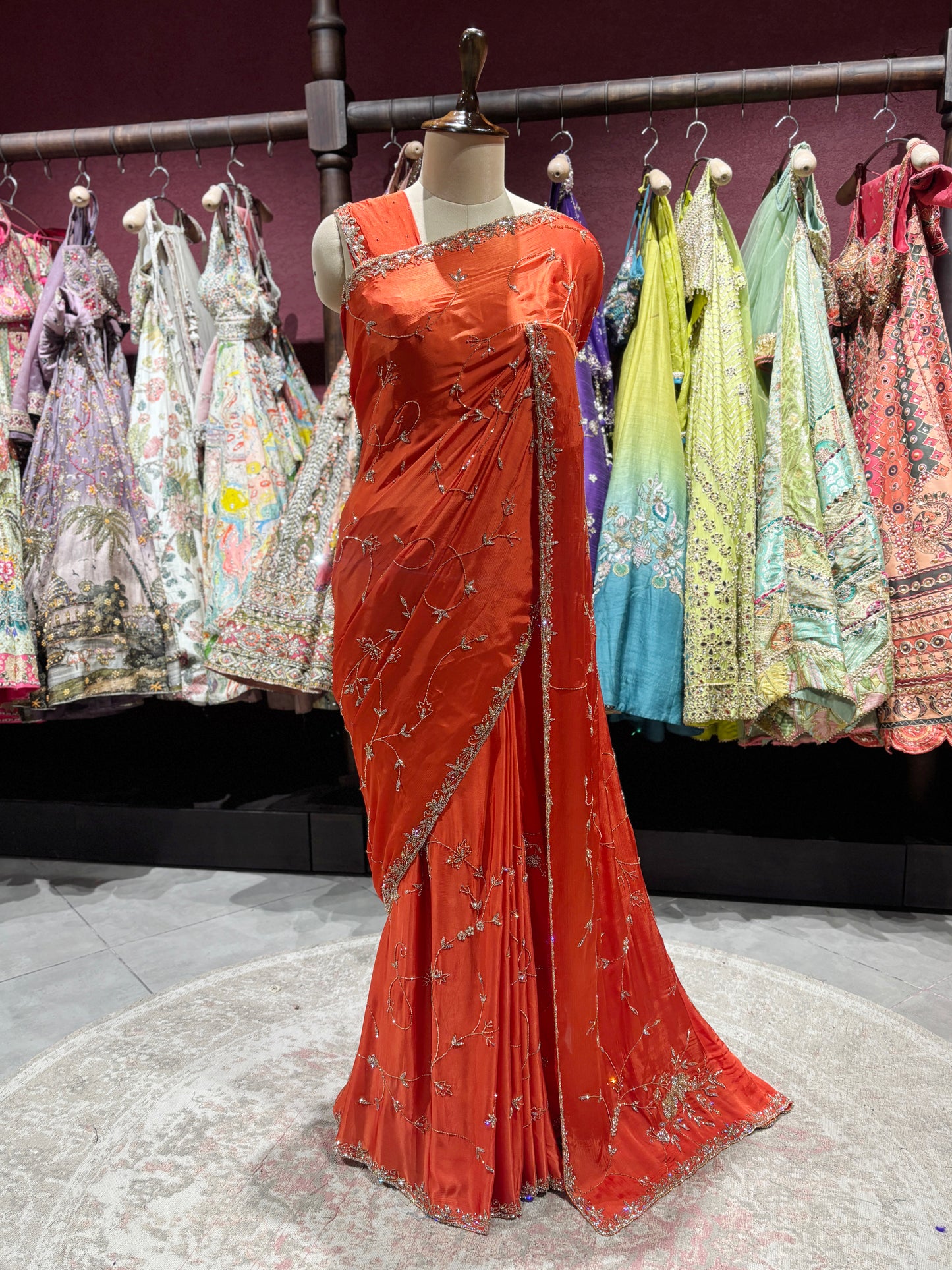 Orange Rust Sequin Embroidered Designer Festive Saree