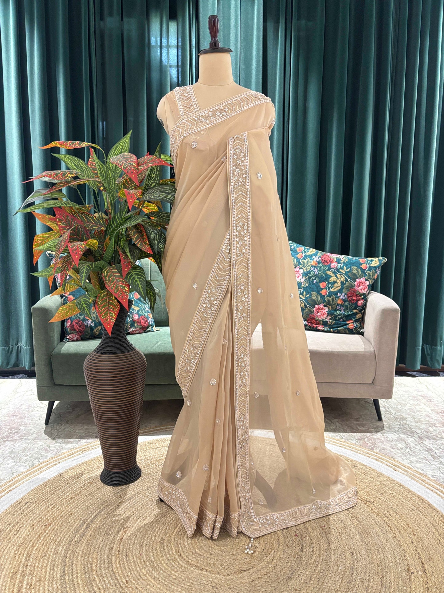 Champagne Beige Embroidered Saree with Delicate Work