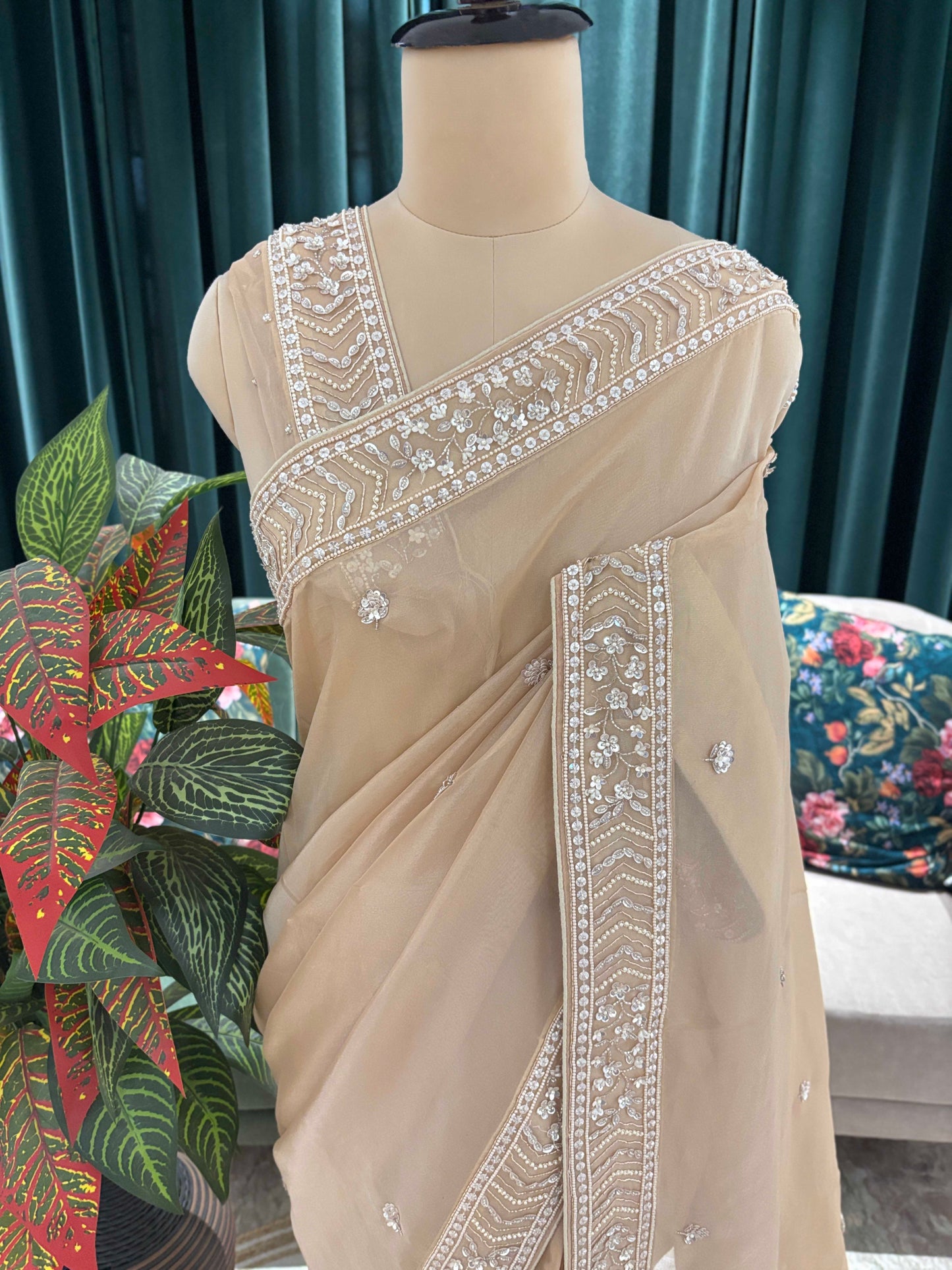 Champagne Beige Embroidered Saree with Delicate Work