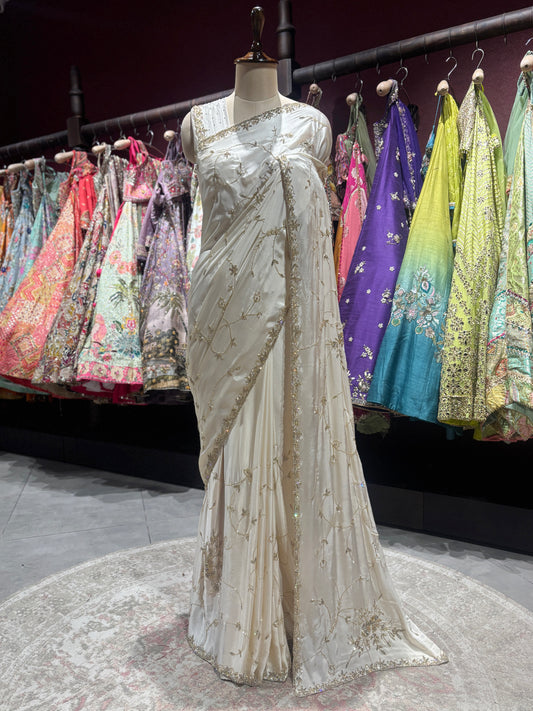 Ivory Gold Embroidered Designer Wedding Party Saree
