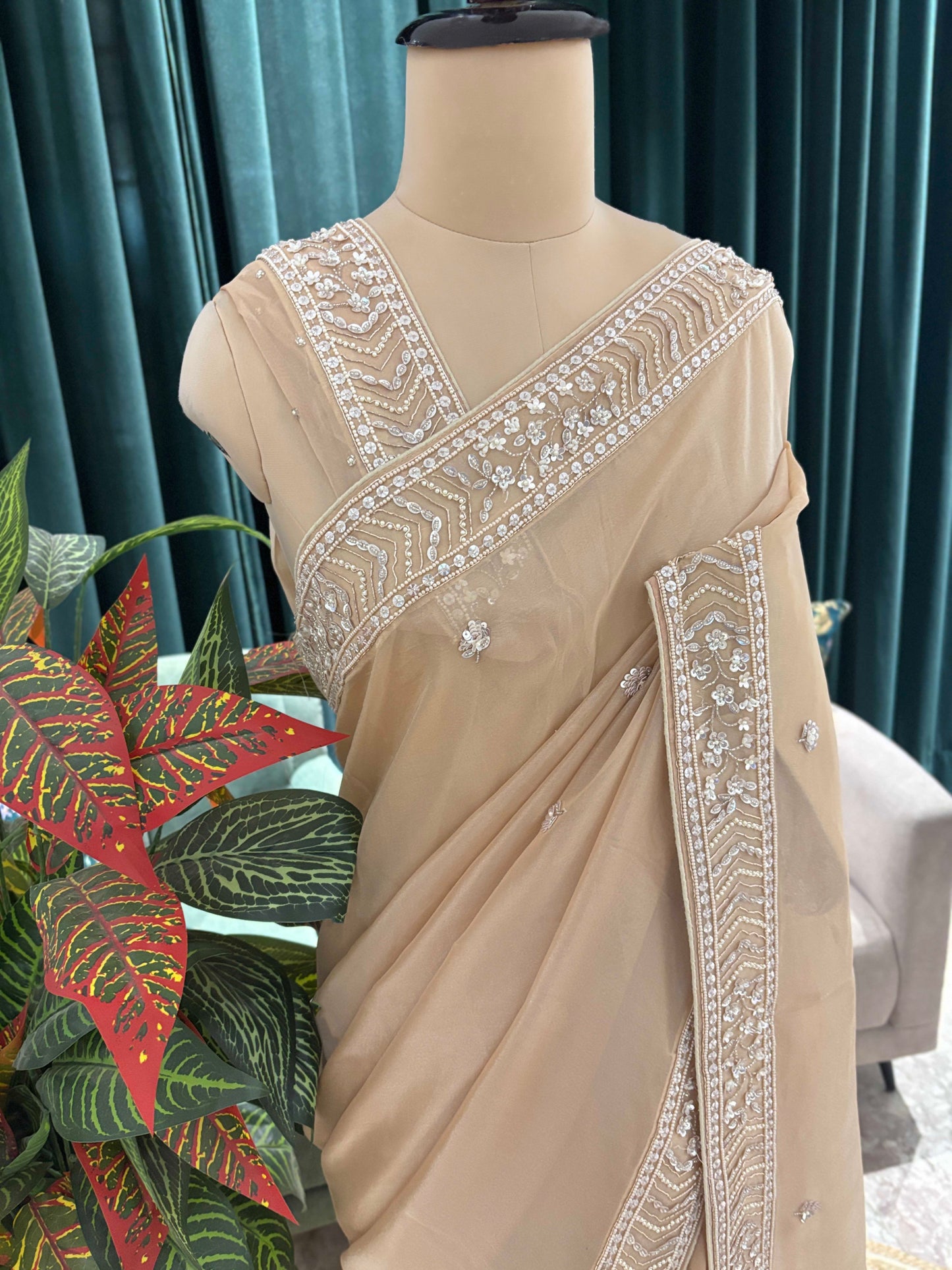 Champagne Beige Embroidered Saree with Delicate Work