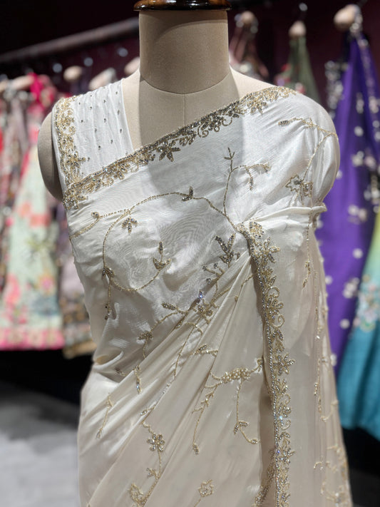 Ivory Gold Embroidered Designer Wedding Party Saree