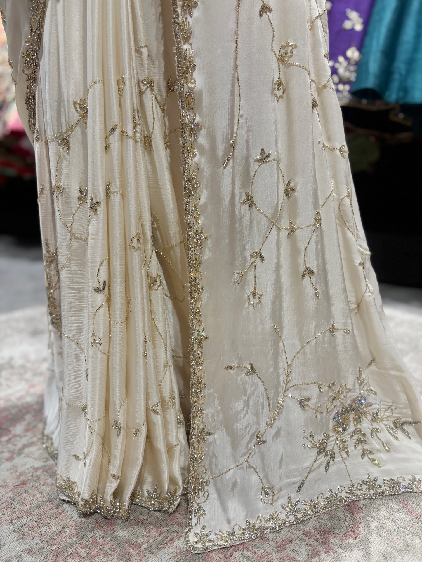 Ivory Gold Embroidered Designer Wedding Party Saree