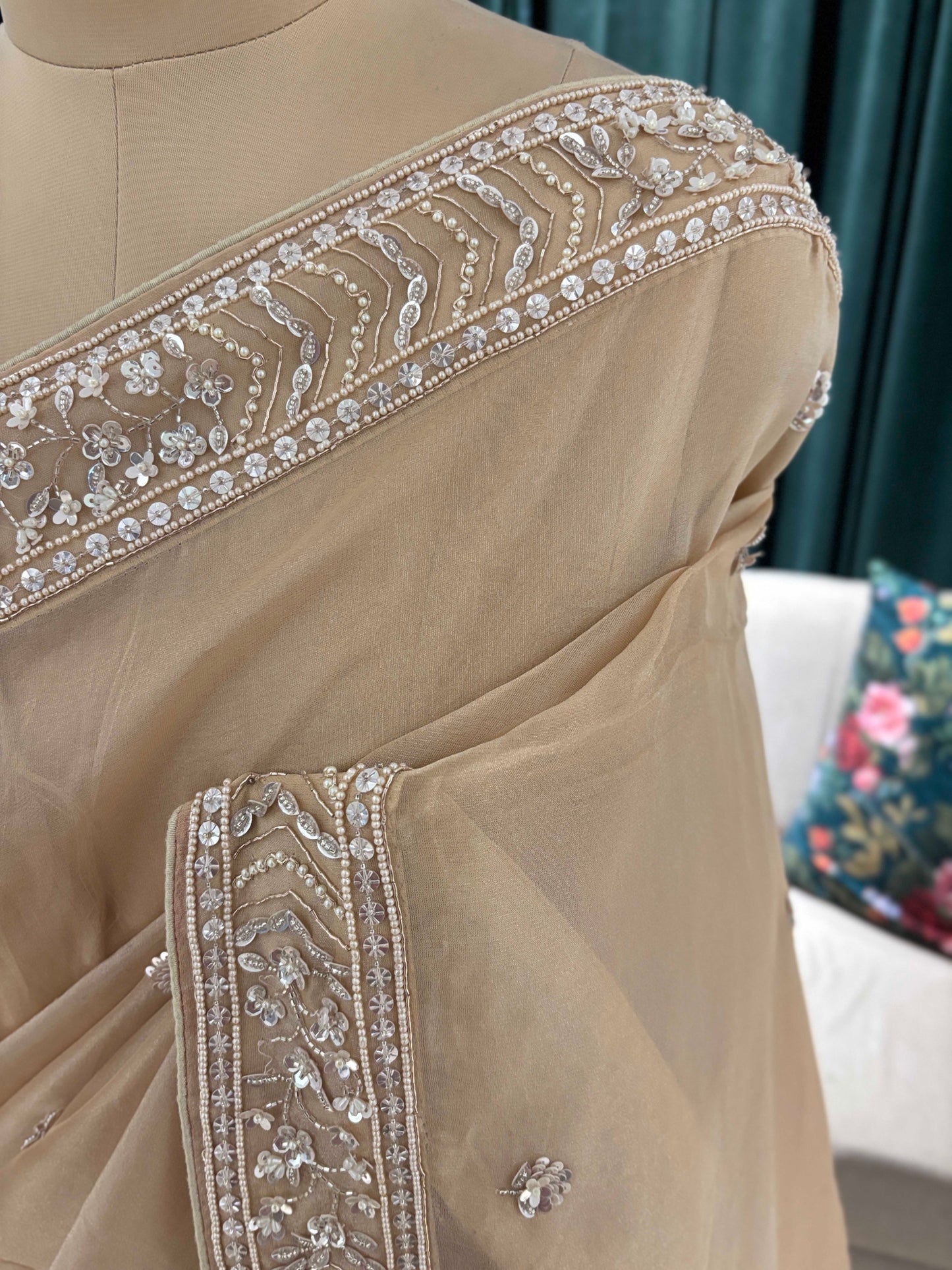 Champagne Beige Embroidered Saree with Delicate Work