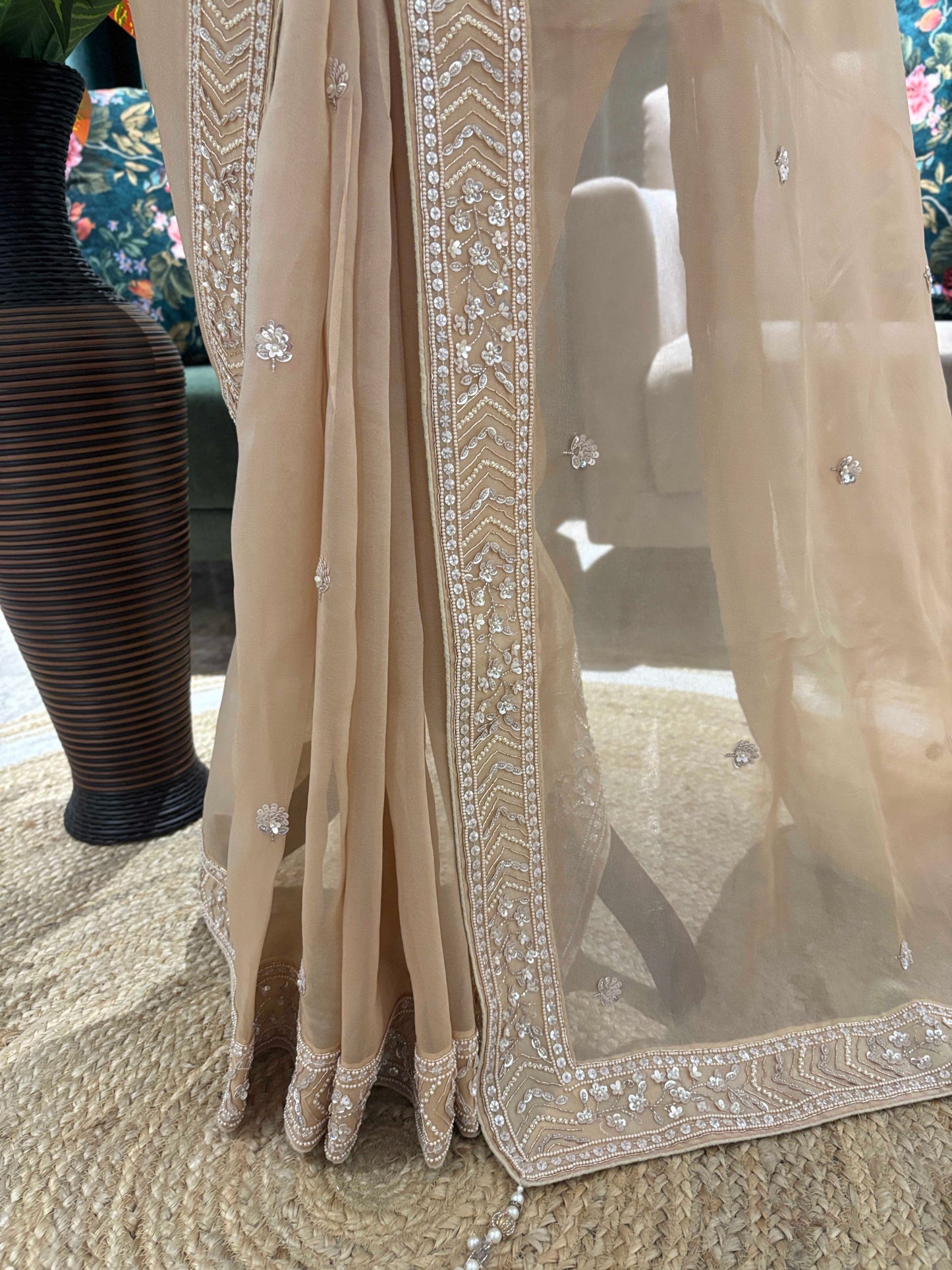 Champagne Beige Embroidered Saree with Delicate Work