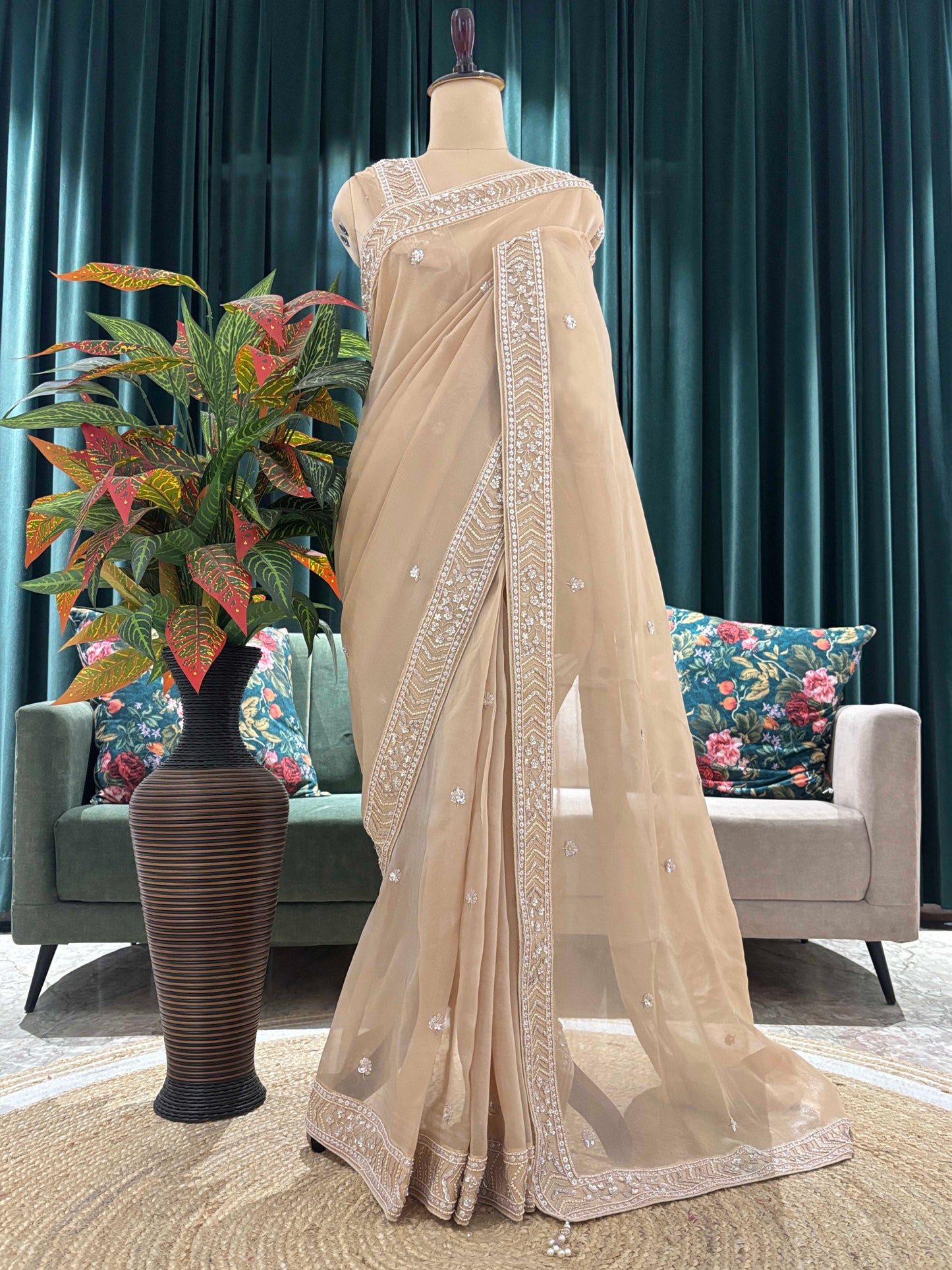 Champagne Beige Embroidered Saree with Delicate Work