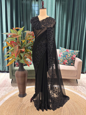 Black Floral Embroidered Georgette Saree Elegant Partywear Style