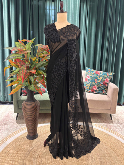 Black Floral Embroidered Georgette Saree Elegant Partywear Style